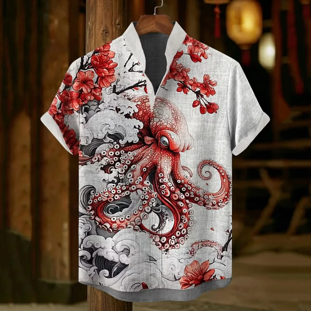 Men's Japanese Ukiyo-e Black Cat Gun Print Linen Shirt Casual Stand Collar Short Sleeve Hawaiian Beach Shirt Plus Size 5XL ﻿