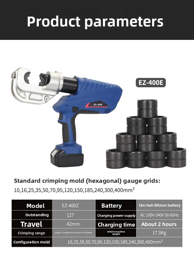 

German Tech EZ-300 400 Hydraulic Crimper Lithium Battery Powered Copper Terminal Tool