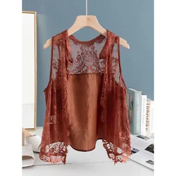 Oversized Lace Patchwork Vest Sleeveless Jacket Women Cardigan Vintage Beach Covered 2023 New Crop Tops Korean Fashion Coats