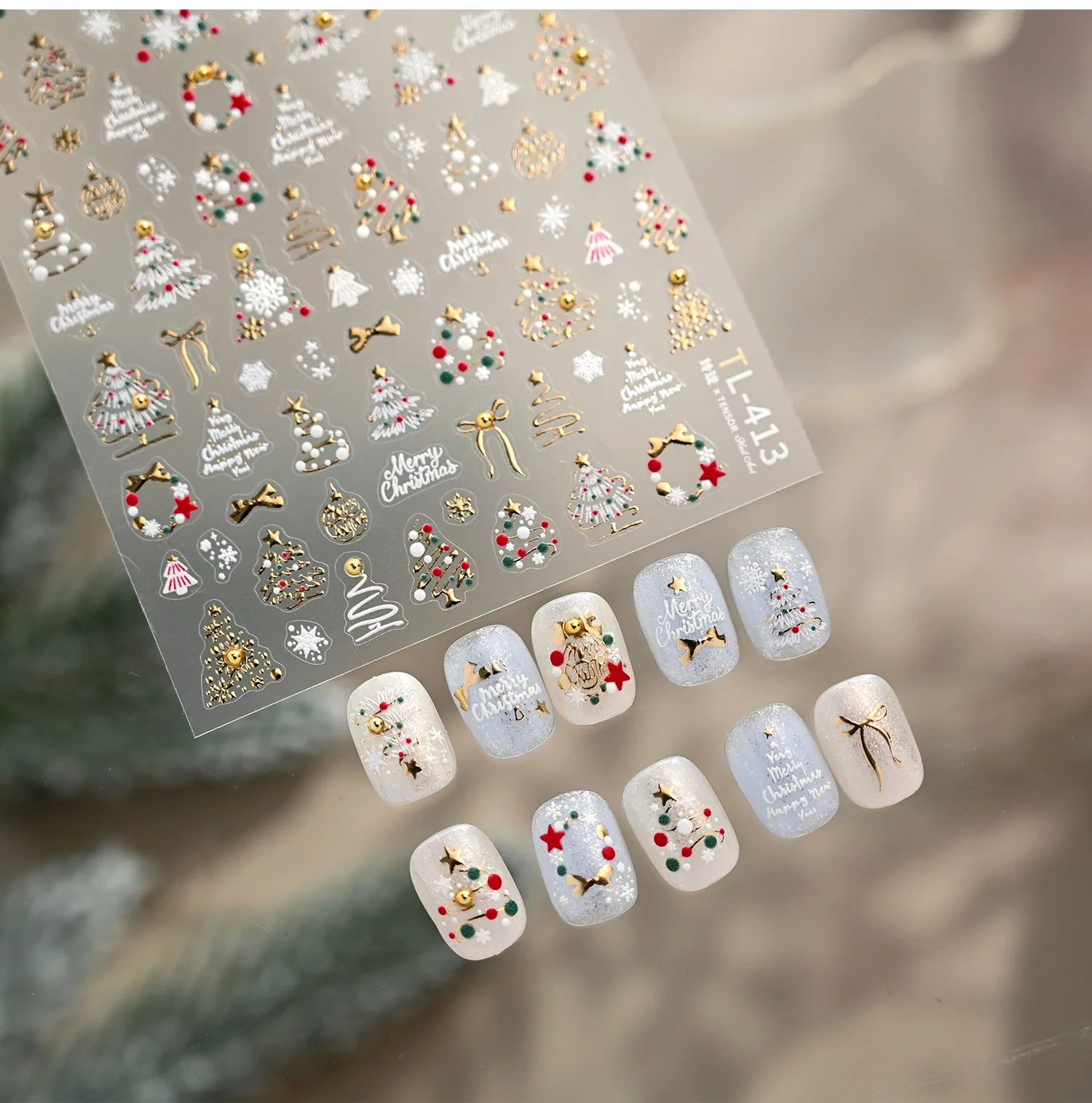 Pegatinas navideñas 3D doradas para decoración de uñas, diseño de lazo de copo de nieve y árbol de Navidad, calcomanías Nai para manicura navideña