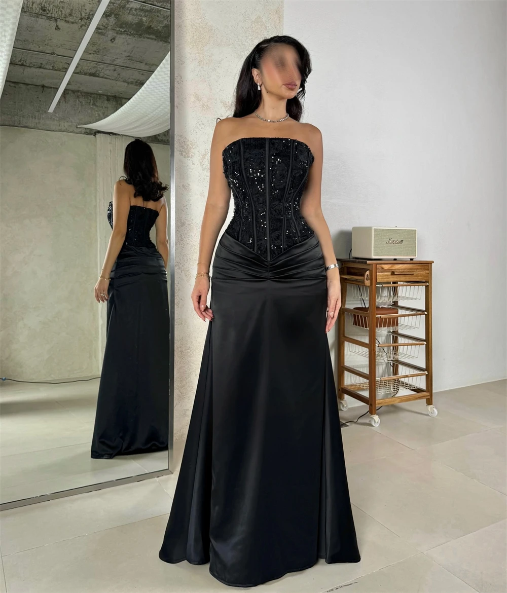 

Customized Elegant Black Satin Evening Dresses High Quality Strapless Sleeveless Homecoming Dresses Special Occasion Gowns