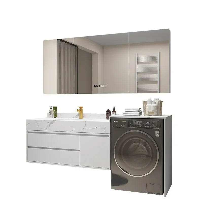 Slate Ceramic Laundry Cabinet with Integrated Sink Modern Bathroom Vanity Unit Washing Machine Storage Combo Light Luxury