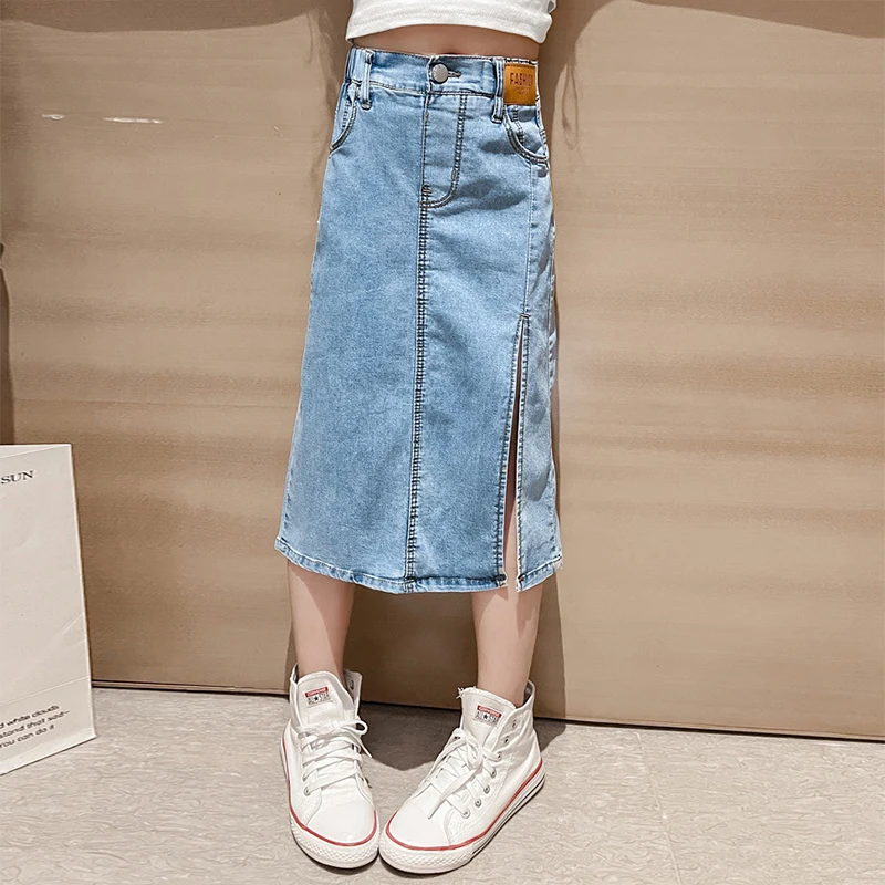 5 6 8 10 12 14 Years Teen Girls Denim Skirt New Fashion Korean Version Split Long Skirt Children Clothing Birthday Party Present