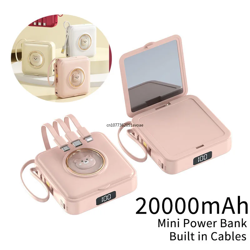 20000mAh Power Bank with Makeup Mirror Digital Display External Battery Charger Built in Cable for iPhone 16 15 Xiaomi Powerbank