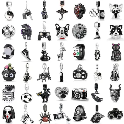 新しい925シルバー製ブラックカラーチャーム、サッカー、猫、太極拳、カメラ、オウム、ギターのペンダント、ビーズ、オリジナルブレスレットに適合、ジュエリーギフト
