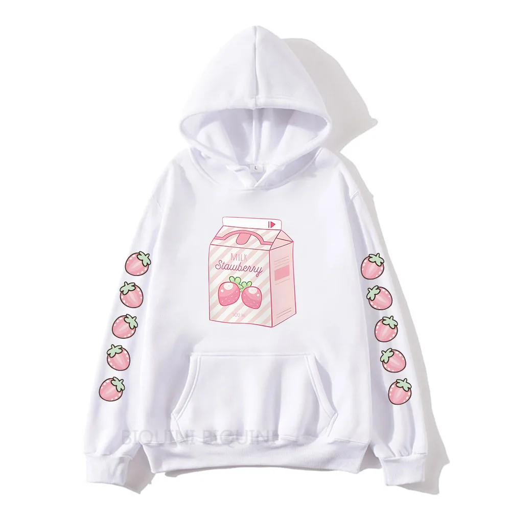 Strawberry Milk Cute Cartoon Graphic Printed Hooded Plus Size Hoodie Women Clothes Aesthetic Prevalent Female Warm Streetwear