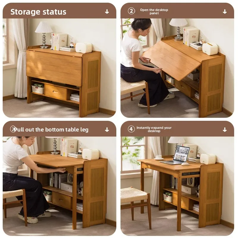 مكتب من الخشب الصلب، مكتب كتابة منزلي، طاولة قابلة للطي مع مساحة تخزين