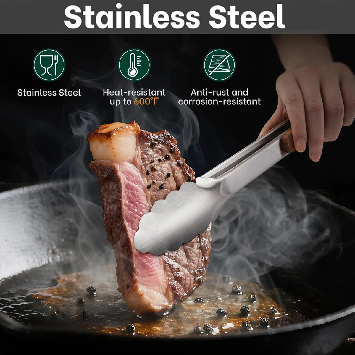 Leeseph Stainless Steel Food Tongs, 7-16 Inch Length, Heavy Duty Kitchen Tongs with Wooden Handle for Cooking, Grilling and BBQ