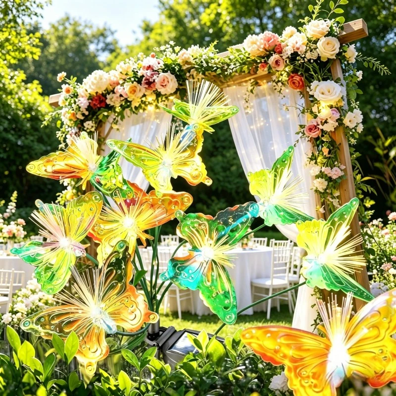 6LED Solar Powered Butterfly Fiber Optic Lights, Waterproof Rechargeable Outdoor Landscape Lamp for Garden Lawn Yard Decor