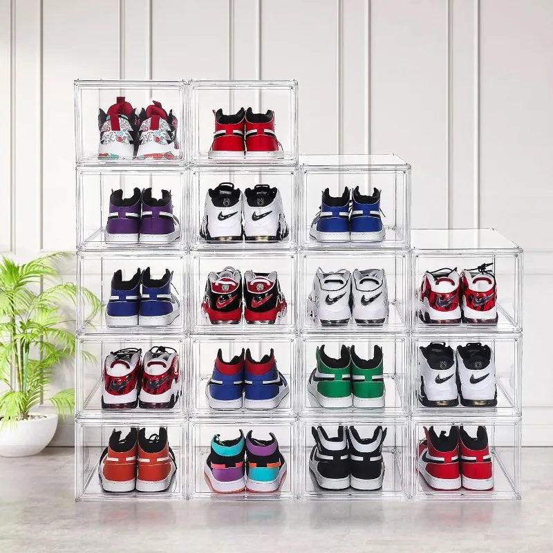 12 Pack Shoe Boxes Clear Plastic Stackable, Larger Clear Shoe Storage Boxes, Sturdy Shoe Storage Boxes