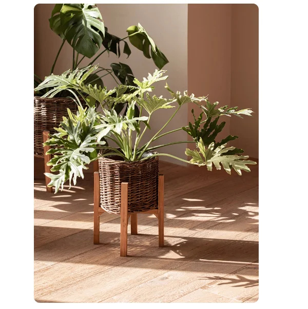 Wooden floor mounted rattan decorative flower rack, living room balcony woven large flower basket, flower rack, green ivy flower