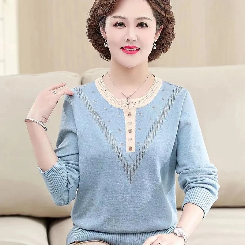 Middle Aged Elderly People Round Neck Pullover Knitted Sweater Tops Mom's Costume Loose Solid Color Pullover Knit Sweater Jacket