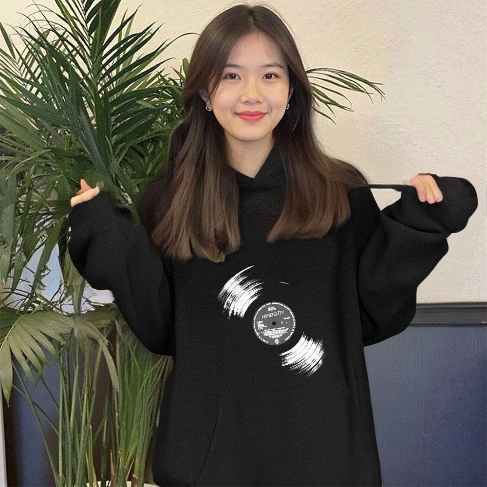 

Vinyl Record Hoodie Black Hoodie Retro Music Disc Print Casual Loose Long Sleeved Autumn Winter Melodic Vibe Comfortable Top