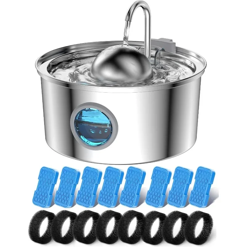 

Cat Water Fountain with 16 Filters, 108oz/3.2L Cat Fountain Stainless Steel, Includes 8 Carbon Filters and 8 Sponge Filters