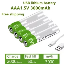 New USB AAA Rechargeable Batteries 1.5V 3000 mAh li-ion battery for remote control mouseElectric toy battery+ Type-C Cable