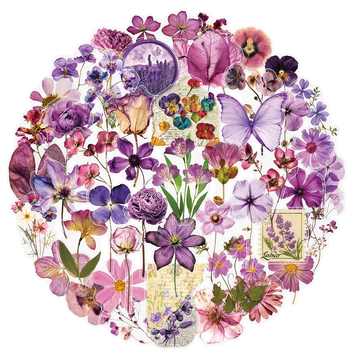 10/30/50 Uds. Pegatinas de Material de planta PET transparente de flor de color Lolium púrpura para taza de agua teléfono ordenador portátil equipaje