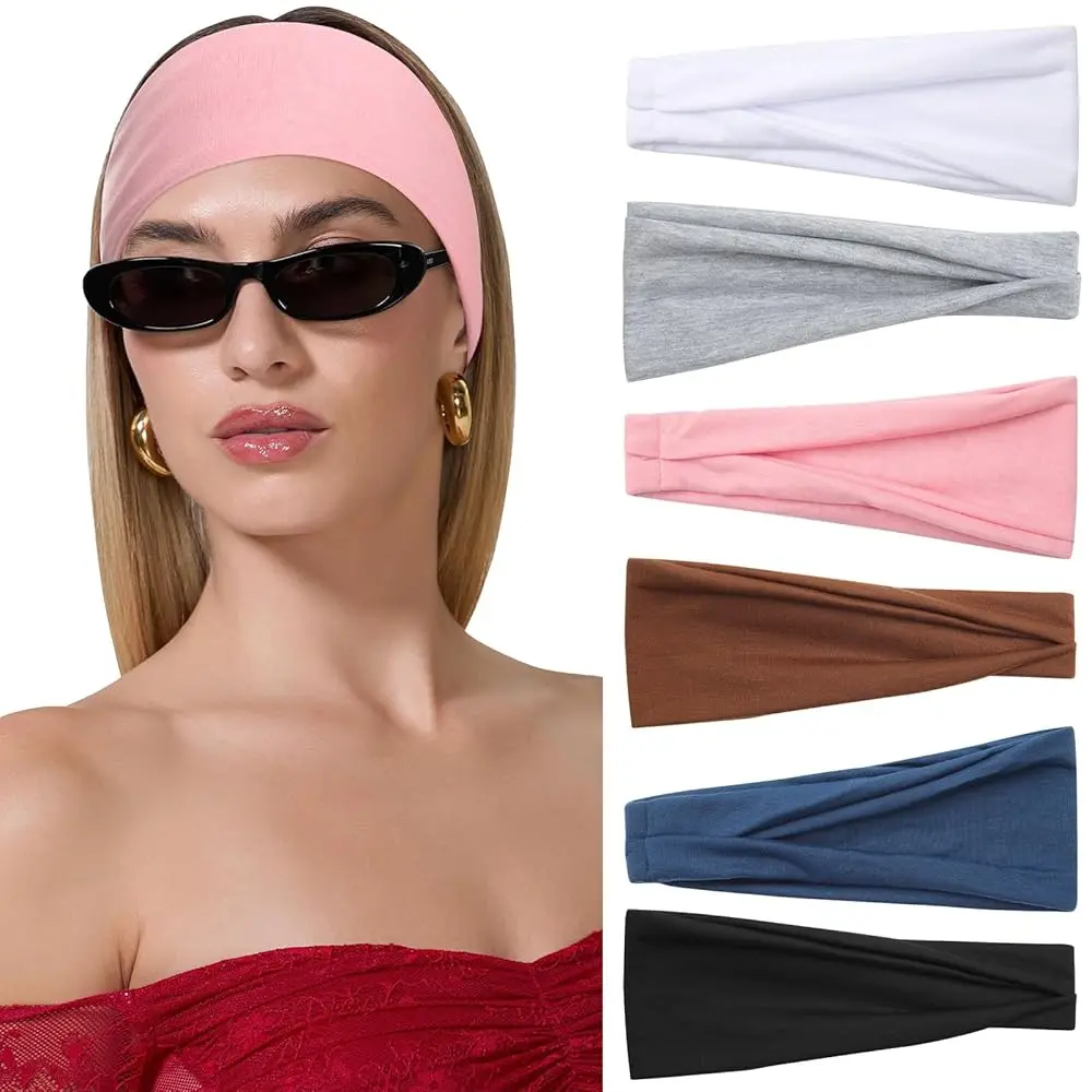 

6 Pack Wide Headbands for Women, Non Slip Stretchy Yoga Workout Head Bands, Trendy Everyday Fashion Hair Bands (Coffee/Pink/