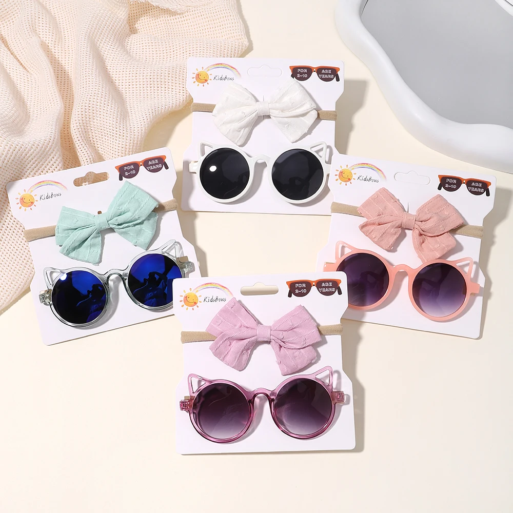 4set Baby Bows Headband Cartoon Sunglasses Girls Beach Photography Props Toddler Headwear Kids Hair Accessories New Year Gift