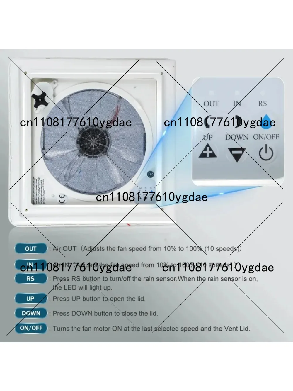 12V RV Roof Vent Fan with Rain Sensor & Remote Control (3 Speed)
