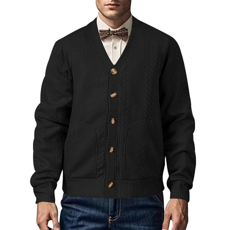 Men Knit Jacket Casual Spring Jacquard V-Neck Button up Long Sleeve Cardigan for Fall Outwear Streetwear