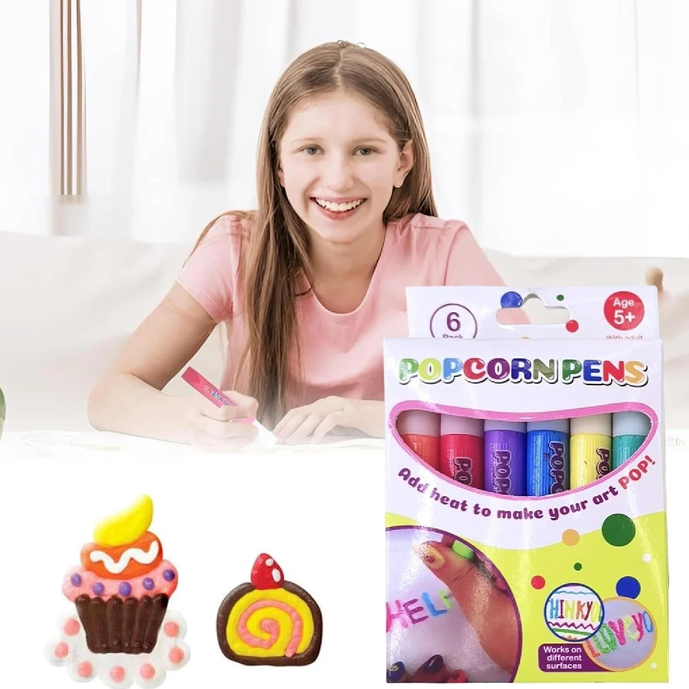 Popcorn Pens, 6PCS DIY Bubble Popcorn Drawing Pens for Kids | 3D Artwork Printing Bubble Pen, Color Drawing Popcorn Pens
