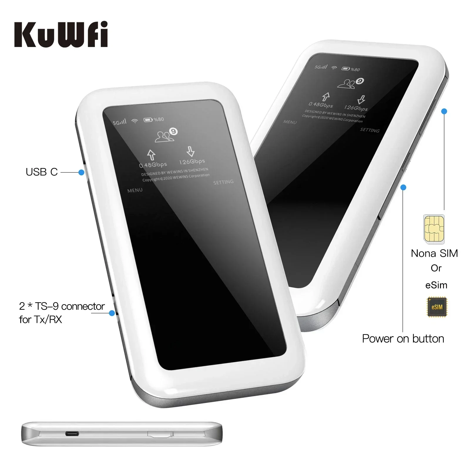 KuWFi M46-e AX1800 5G E-Sim راوتر محمول بسرعة 1800 ميجابت في الثانية عالي الأداء بطارية متنقلة 4500 Mah 5G راوتر واي فاي صغير