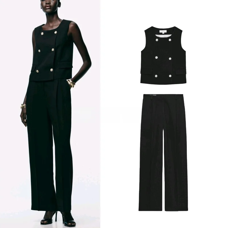 

Gold Layer Button Vest High Waist Pleated Loose Pants Two-Piece Set Casual Sle Autumn Faion Women's Ensemble