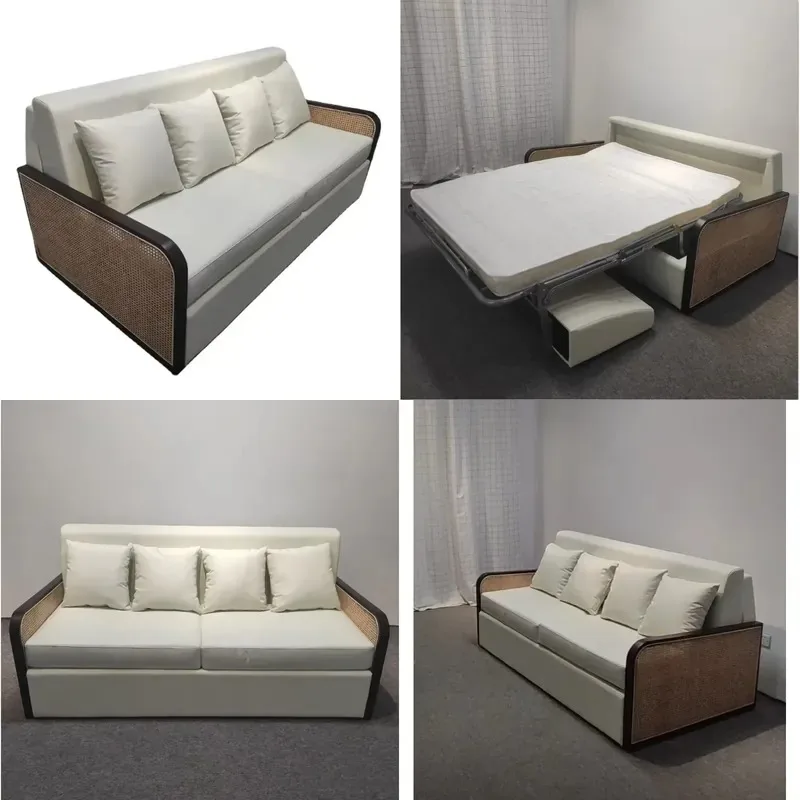 Modern Living Room Hotel Foldable Convertible Sofa with Pull-out Bed Rattan Metal Frame Triple Seat Sofa Bed