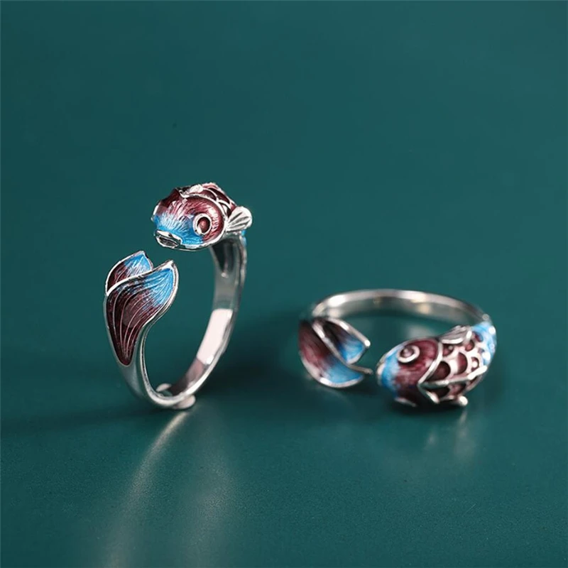 Sole Memory Colored Drip Glaze Carp Fish Good Luck 925 Sterling Silver Female Resizable Opening Ring For Women RI588