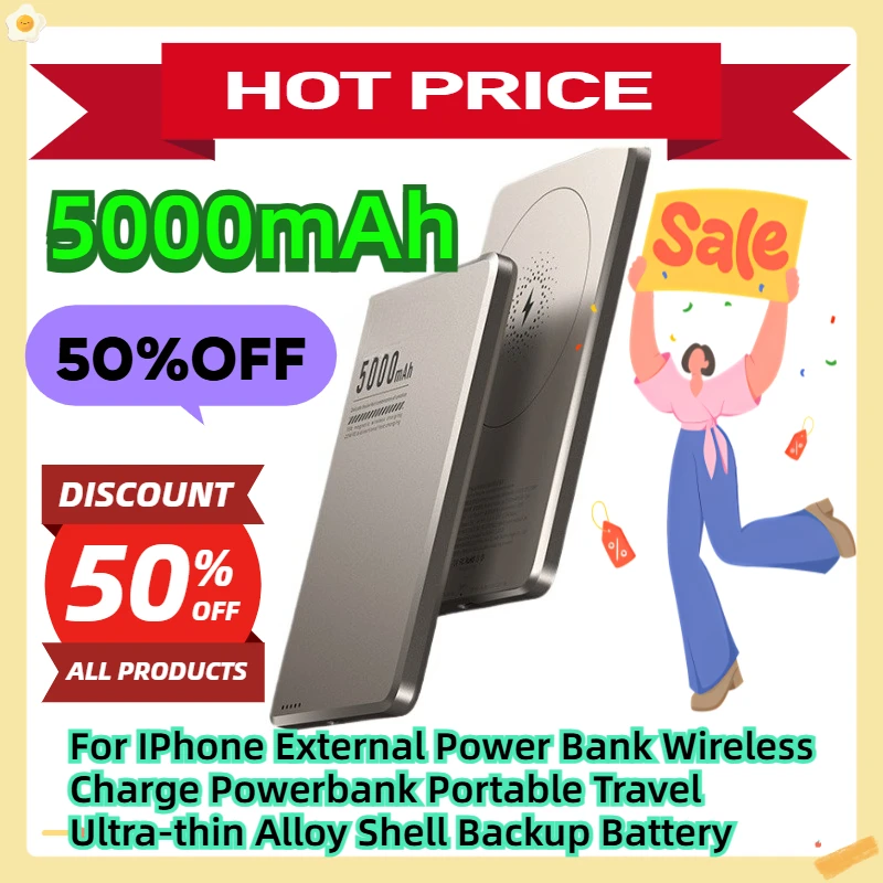 

5000mAh For IPhone External Power Bank Wireless Charge Powerbank Portable Travel Ultra-thin Alloy Shell Backup Battery