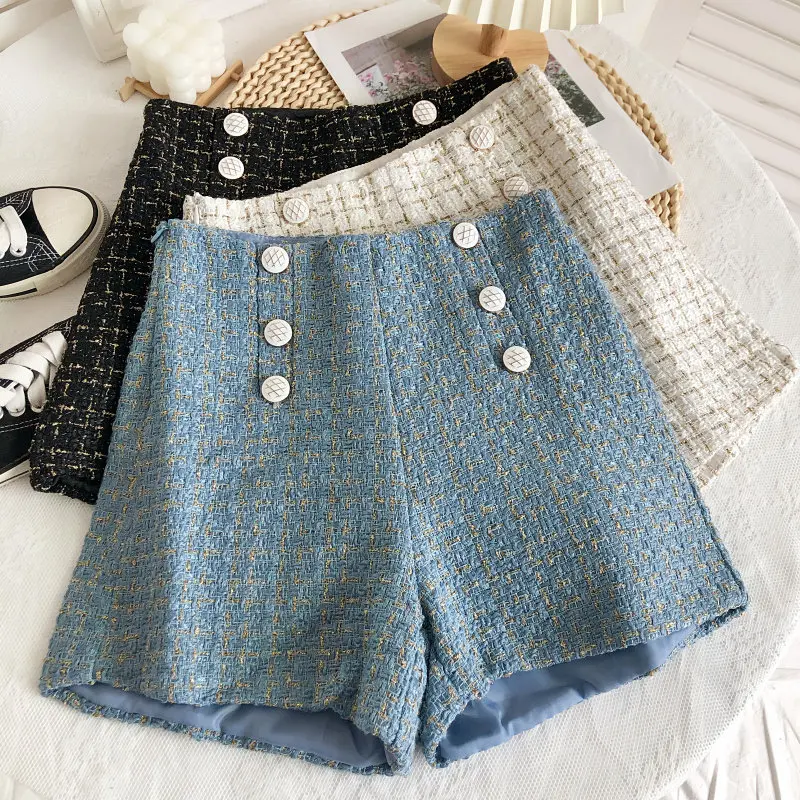 

Новые женские твидовые шорты-костюм черного цвета, двубортные, с широкими штанинами, повседневные, модные, для женщин