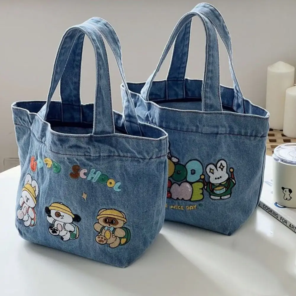 Cartoon Embroidery Lunch Bag Cute Large Capacity Washed Denim Handbag Food Storage Picnic Pouch Outdoor