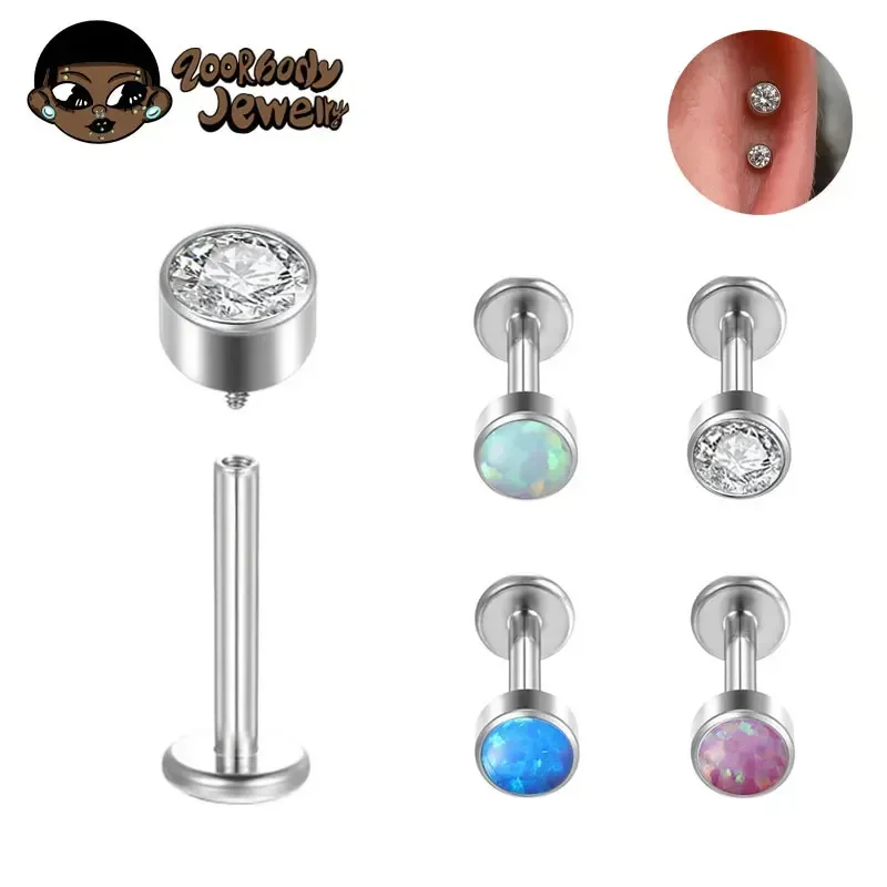 G23 titanio perforado ópalo lóbulo de la oreja hilo interno Labret labio Stud cartílago gótico pendientes de circón Tragus Stud joyería del cuerpo