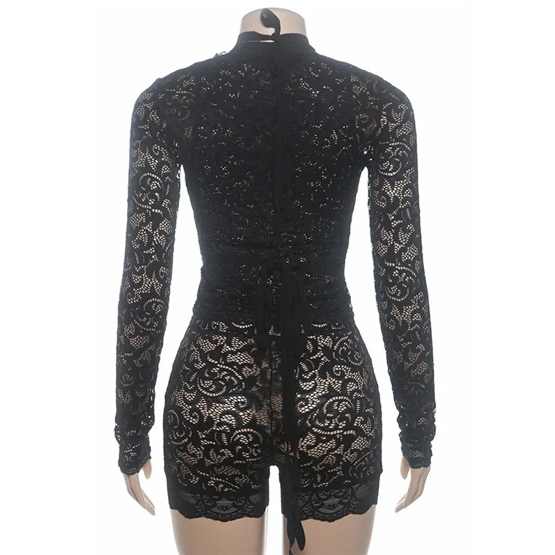 2024 Summer Sexy Lace Hollow Lace Up Bodycon Rompers Women Low Cut Spicy Girls See Through Bandage Long Sleeve Skinny Playsuits