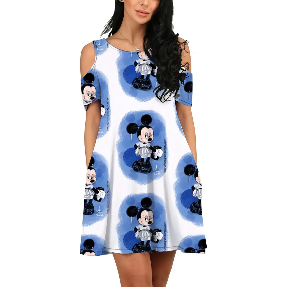 Summer 2022 Streetwear Disney Brand Dumbo Mickey and Minnie Anime New Ladies Casual O Neck 3D Print Sexy Off Shoulder Dress y2k