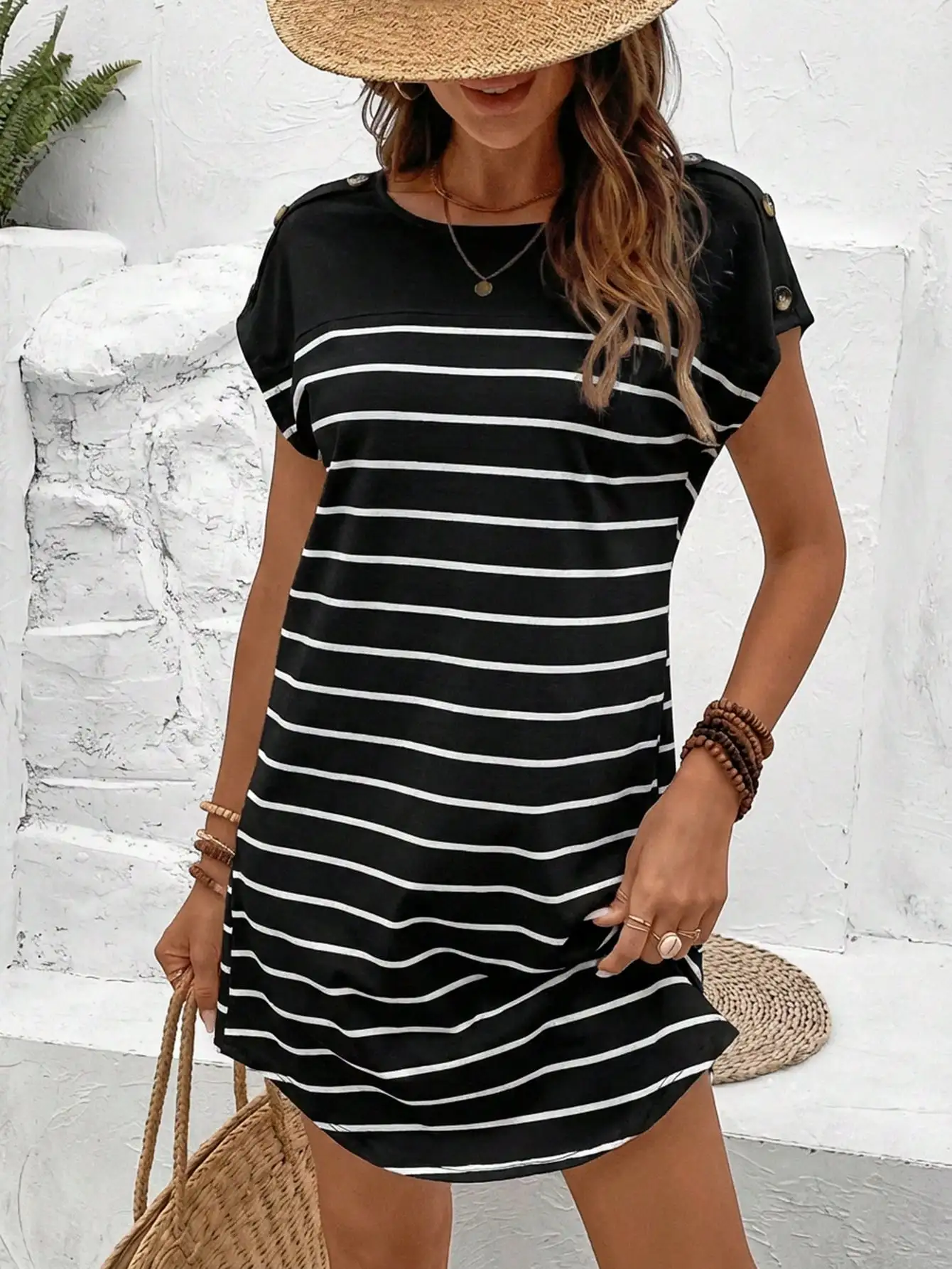 

Полосатое хлопковое мини-платье с рукавами-крылышками для женщин