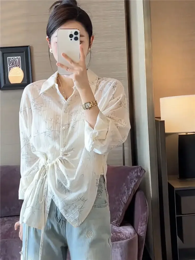 Letnia Moda Prostota Rozcięcie Sznurek Nowa Damska Niszowa Koszula Vintage Kołnierzyk Polo Zachodnictwo Nieregularny Cienki Styl Bluzki