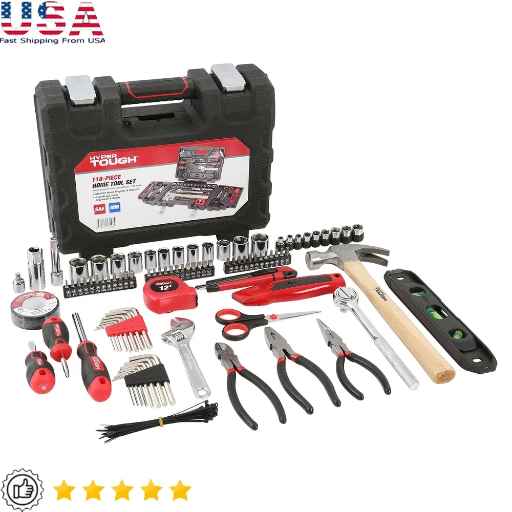 

Набор инструментов из 118 предметов, домашний ремонтный набор с молотковым ключом, плоскогубцами, гнезда с храповым механизмом, шестигранные ключи в прочном футляре для хранения