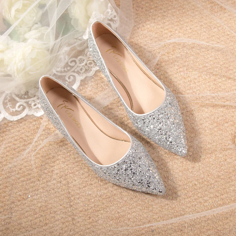 2023 New Single Shoes Women\'s Spring and Autumn Pointed High Heels Women\'s Shallow Mouth Thin Heels Crystal Sequin Wedding Shoes