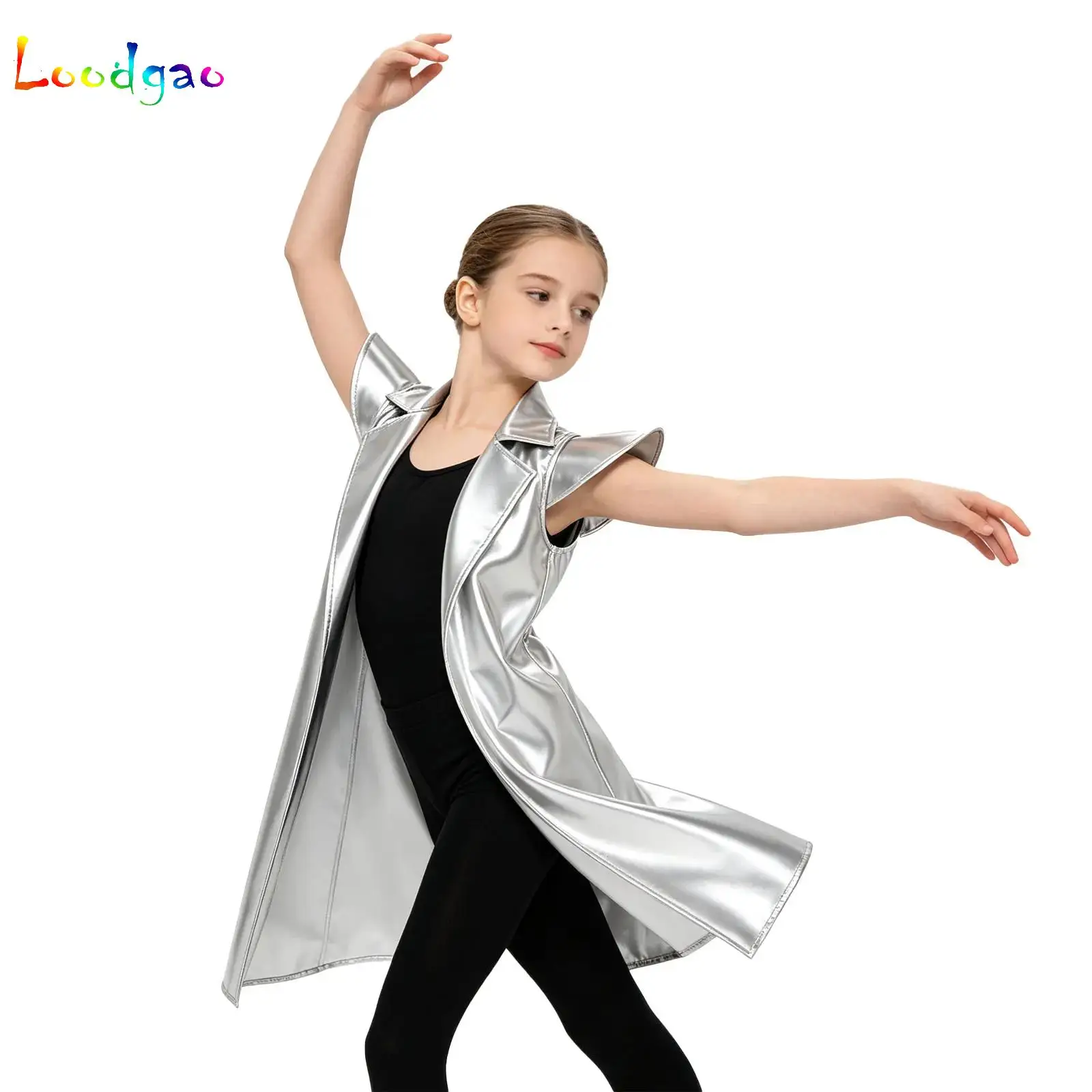 Boys Girls Metallic Cap Sleeve Notch Lapel Trench Coat Open Front Belted for Rock Jazz Music Festivals Rave Stage Performance