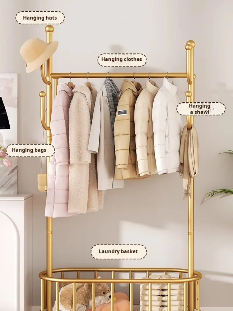 Multifunctional floor coat rack with wheels movable coat rack home bedroom floor hanging coat rack