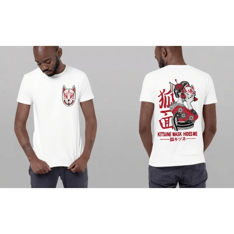 

Trend Summer Cosplay Neutral Black and White Kitsune Japan Kyoto Fox Mask Kanji New Kitsune Mask T-Shirt BACK Unisex Shirt