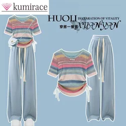 2023 Summer Korean New Striped T-shirt Set Wide Leg Pants Two Piece Elegant Women's Pants Set Clothes for Women 2 Piece Set