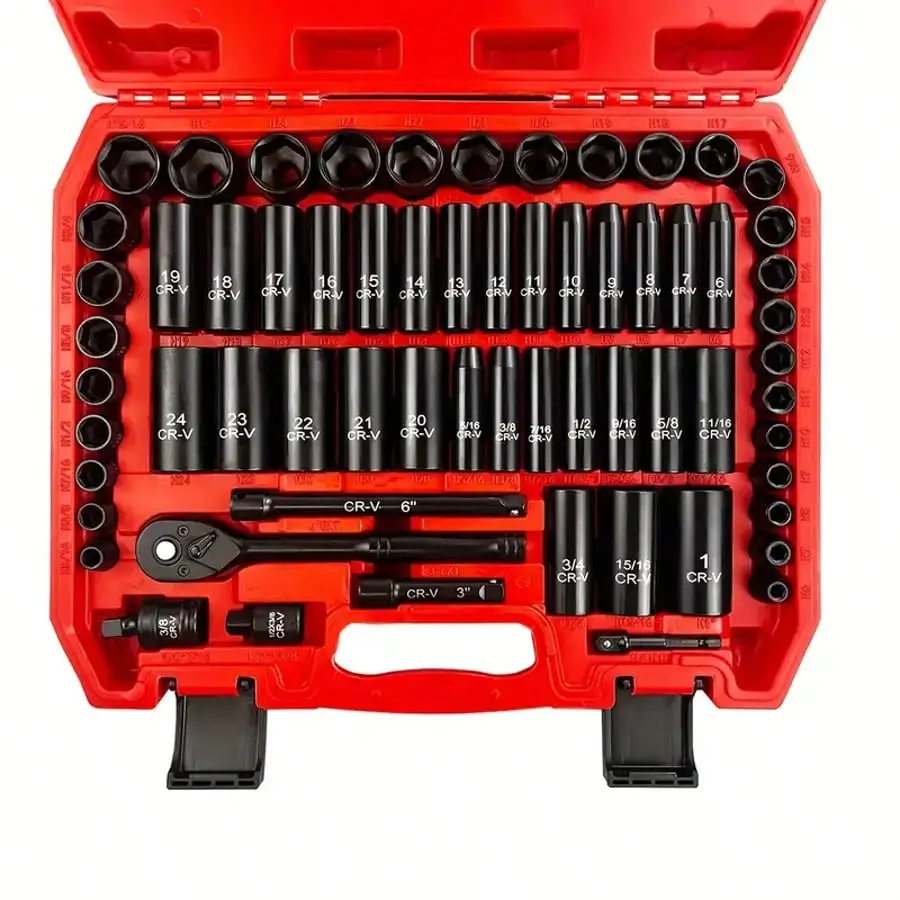 

64pcs 3/8" Socket Set, Drive Impact Socket Set, SAE/Metric, Deep & Shallow, Cr-V Steel, 6 Point With Adapters, 72T Ratchet Handl