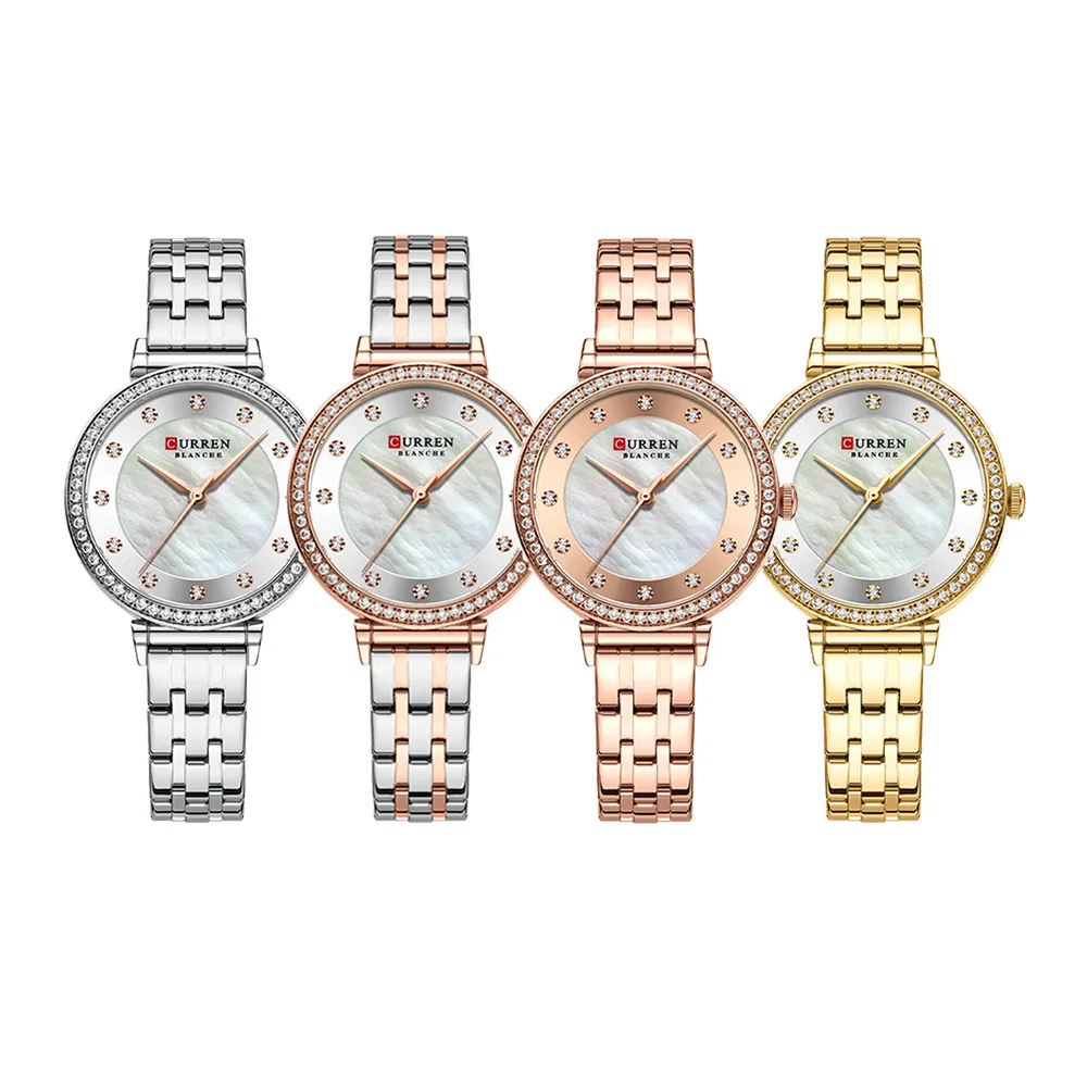 CURREN 9087 Luxury Slim Women's Watch Two Tone Stainless Steel Band Mother of Pearl Dial with Rhinestones Elegant Quartz Watch
