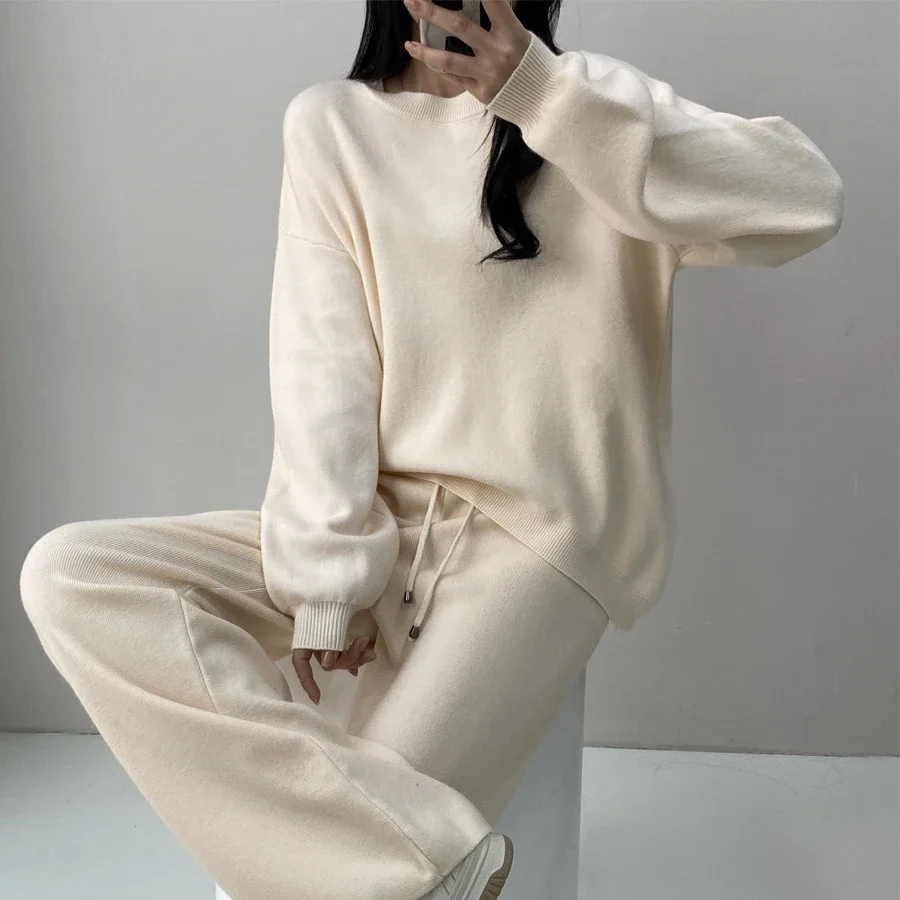 Women Winter Warm Knitted Tracksuits Korean Casual Long Sleeve Pullover Sweater+high Waist Wide Leg Long Pants Set For Women