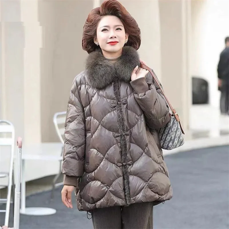 White Eiderdown Mother Down Winter Coat in The Long Foreign Style New Middle-Aged and Elderly Women\'s Winter Female Coat Thick X