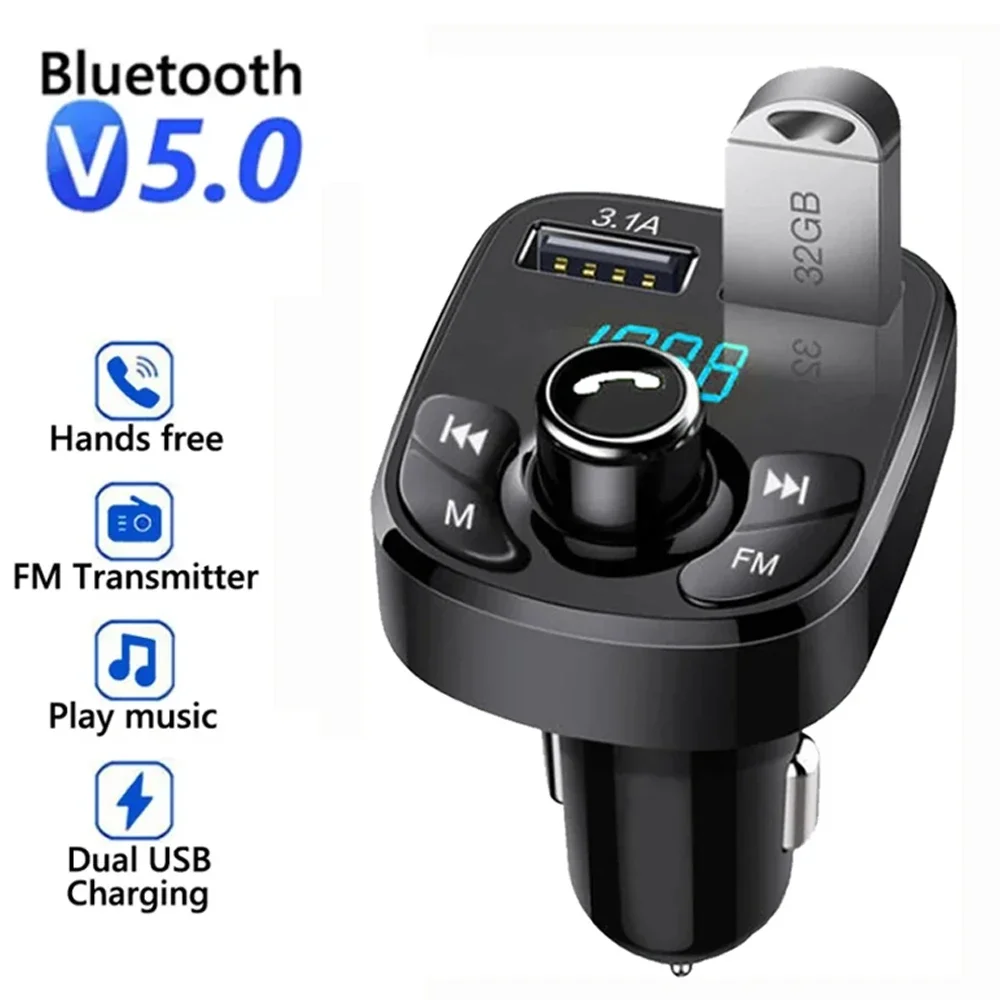 Car FM Transmitter Hands-free Bluetooth-compaitable 5.0 Car Kit MP3 Modulator Player Handsfree Audio Receiver 2 USB Fast Charger