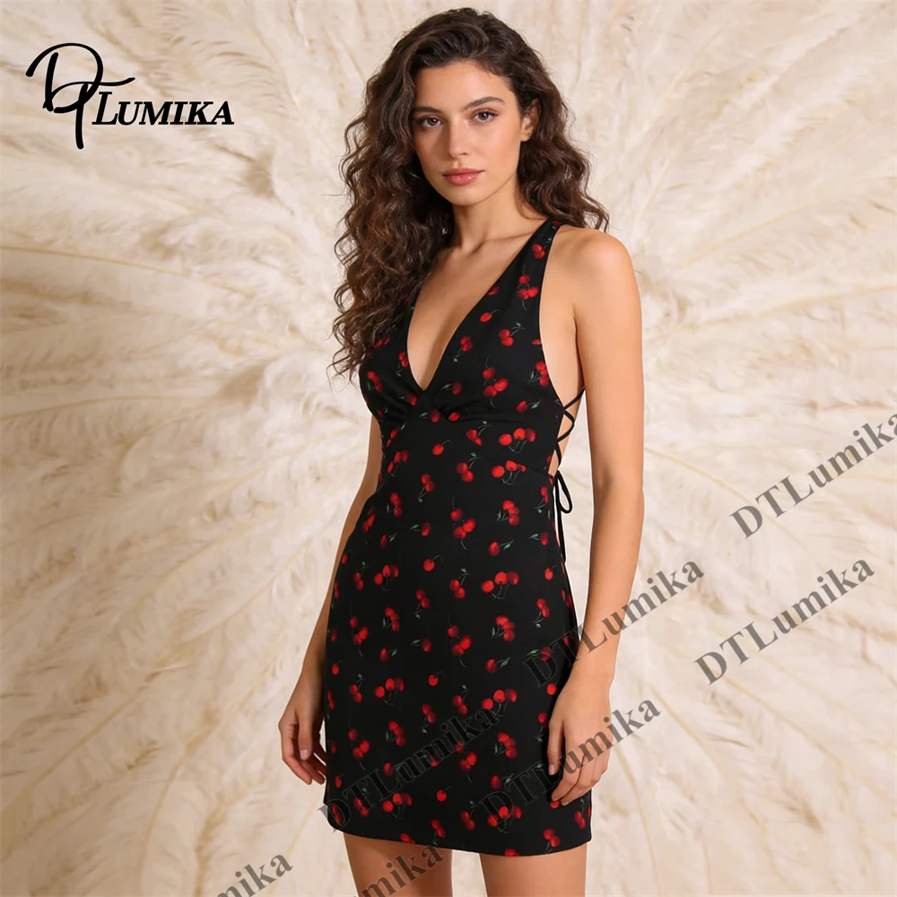 

Cherry Print Deep V Neck Tie Side Dress, Sleeveless Bodycon Mini Dress for Party Date Night Summer Vacation