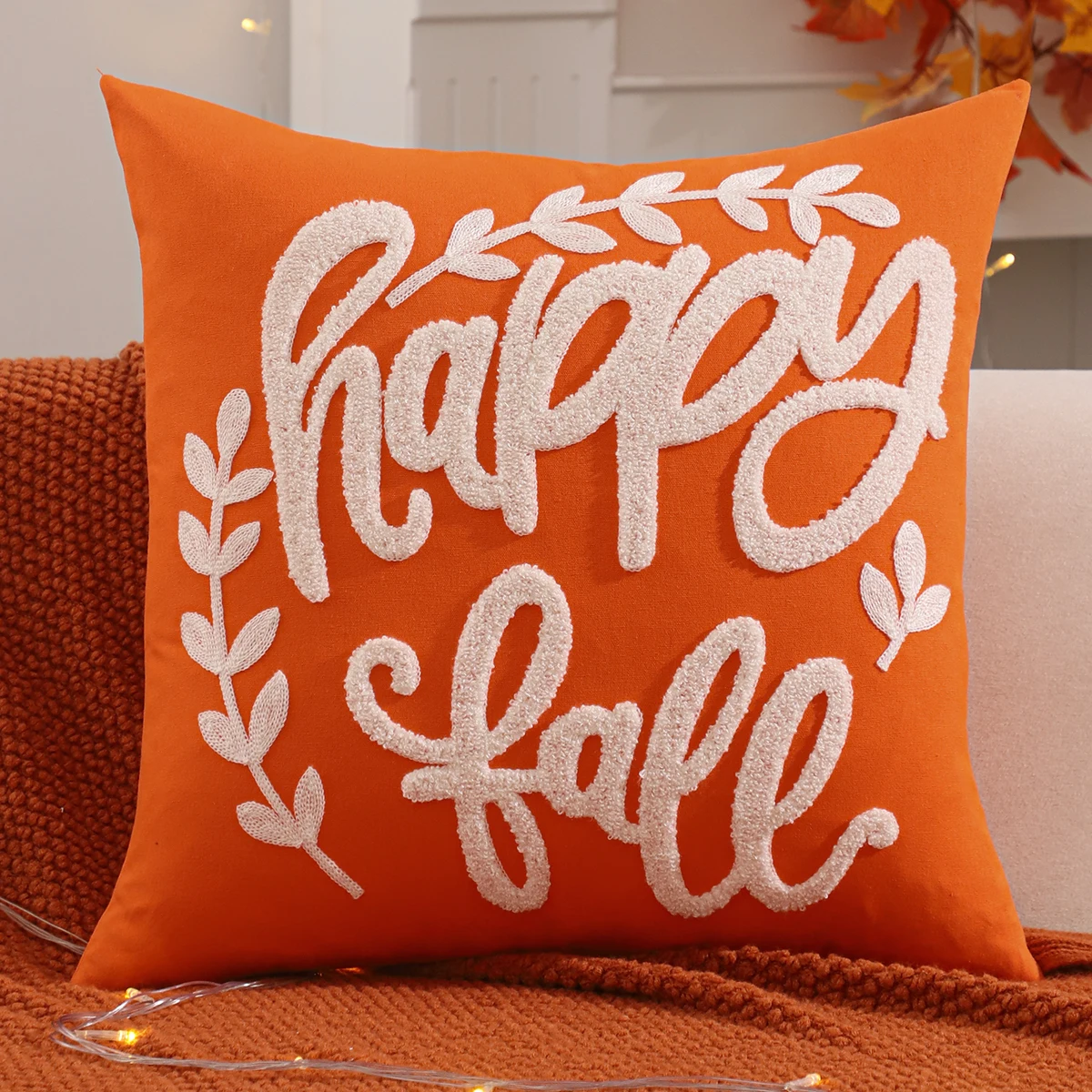 1 PC Halloween Decoration Throw Pillow Cover Pumpkin Leaves Embroidery Velvet Autumn Thanksgiving Harvest Home Living Room